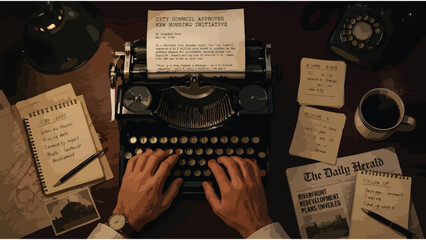 Vintage Typewriter Office Scene: Writer Typing Manuscript, Desk Setup © Nimker harva