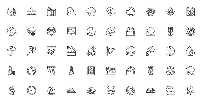 Weather icon set. Minimal thin line vector icons. Featuring global, tide, map, rainy, storm, cloud, snow, leaf, calendar, cyclone, umbrella and more.