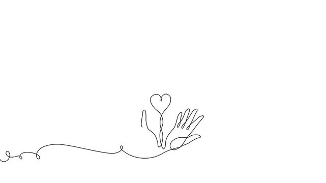 Continuous one line hand heart care health love art support volunteer. Hand heart draw life human charity icon hope donation linear family vector medicine cardiogram gift stroke emotion simple drawing