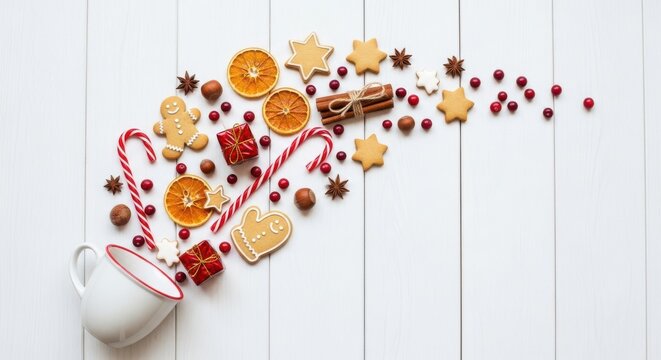 Christmas composition with gingerbread cookies, candy canes, dried orange slices, cinnamon sticks and gifts spilling from a white cup
