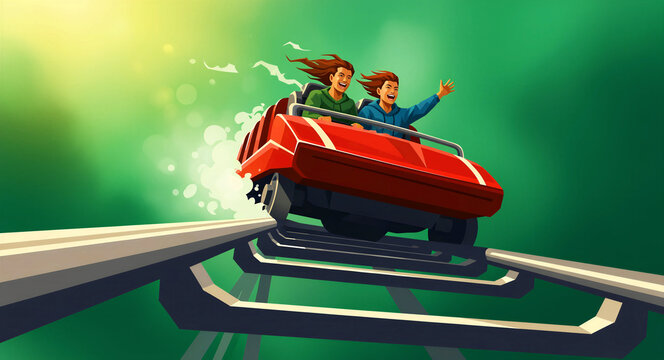 Happy people riding a red roller coaster car at high speed. Riders shout with excitement as they descend on an amusement park track. Thrill ride concept, ideal for leisure and travel marketing.