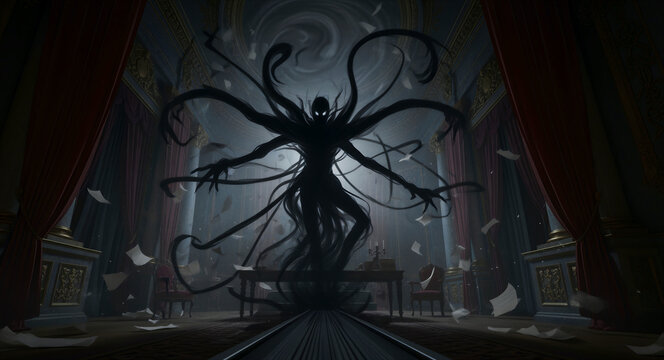 Shadowy tentacled monster manifesting in a grand classical study. Dark supernatural entity with glowing eyes causing chaos as papers fly through the air. Gothic horror and nightmare concept.