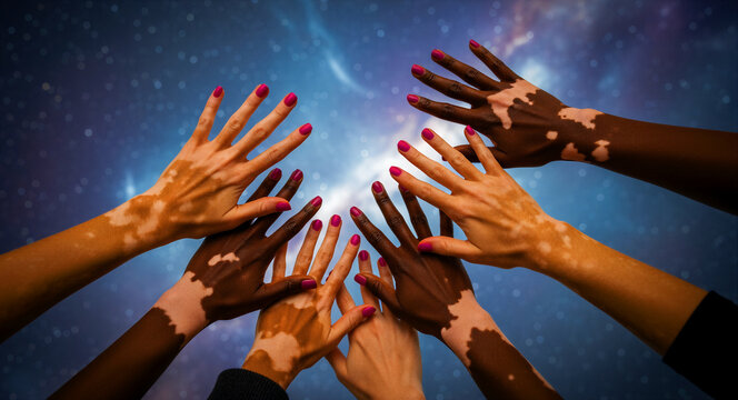 Diverse hands with vitiligo reaching toward a cosmic starry sky. Group with skin depigmentation and pink nails expressing unity. Body positivity and inclusion concept for dermatology marketing.