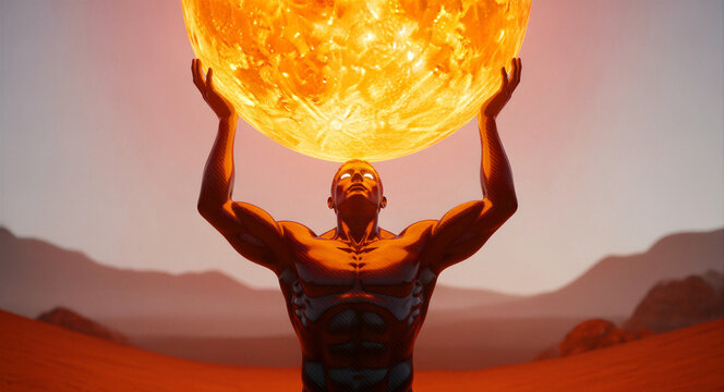 Muscular male figure holding a large glowing sun orb above his head in a desert. Surreal 3D rendering of a powerful man carrying a fire sphere. Renewable energy and solar power concept.