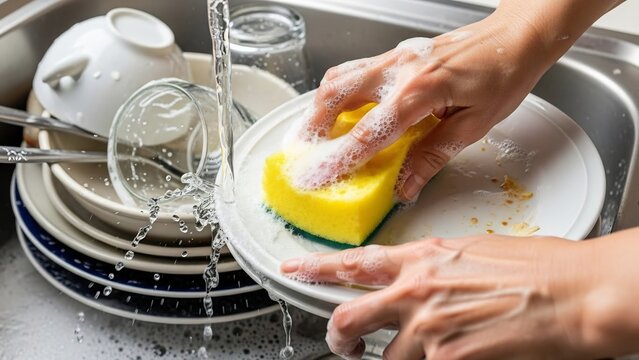水しぶきを上げ泡立つスポンジで汚れた皿を丁寧に洗う手元明るい光が差し込むキッチン風景. AI Generated