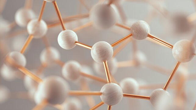 Geometric molecular network with spherical nodes and lines illustrating ionic bonds, symmetrical 3D structure, minimalist design, soft lighting, neutral and copper tones