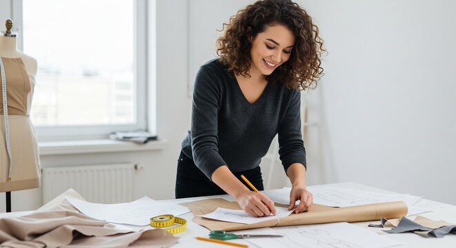 明るい日差しが注ぐワークスペースで洋裁パターンを丁寧に描く笑顔の女性の姿 裁縫道具や布地が広がり創作意欲が満ち溢れる. AI Generated