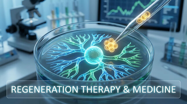 Regenerative medicine research focusing on therapeutic stem cell therapy for repairing biological tissue damage and treating chronic disease through advanced multicellular cellular regeneration