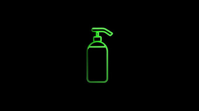 Neon Green Hand Sanitizer Bottle Outline on Black Background hygiene.