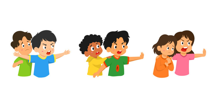An illustration showing a child defending and supporting a friend who is being bullied. Suitable for anti bullying campaigns, school education materials, children awareness content, social media, and