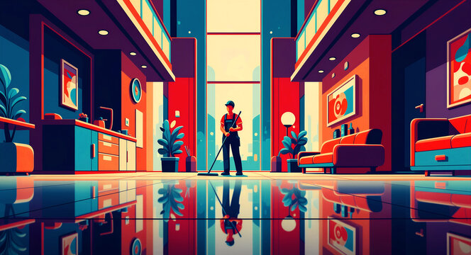 Man mopping a shiny floor in a modern building lobby. Professional janitor performing maintenance in a stylized office interior. Commercial cleaning service concept for facility management ads.