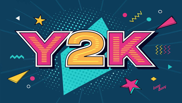 Vibrant y2k graphic design with colorful shapes and patterns on dark blue background