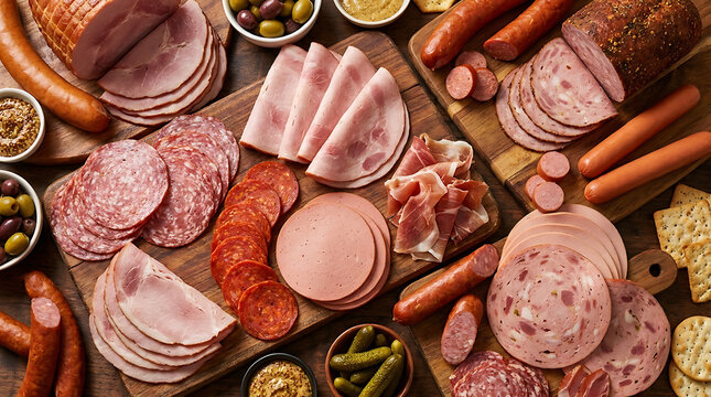 Gourmet assortment of processed meats featuring sliced cured deli ham, savory salami, thin prosciutto, and classic hot dogs, arranged as a professional cold cut charcuterie platter background.