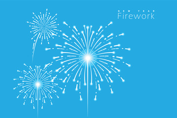 Minimal New Year fireworks vector design with stylish white burst effects on a bright blue background. Perfect for holiday greetings, celebration banners, party invitations, festive posters. © Lutfar