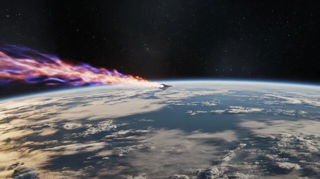 Space Shuttle Reentry into Earths Atmosphere with Fiery Trail and Sparks.