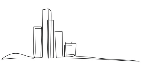 Continuous line drawing of modern city skyline with tall buildings © Simanto