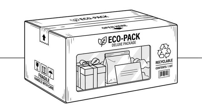 Eco-friendly package with gift inside, delivery box with recyclable symbol