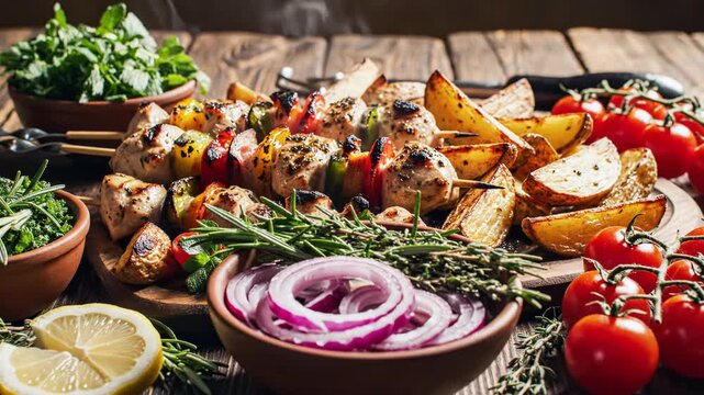 Grilled chicken skewers with bell peppers served with crispy roasted potato wedges, fresh cherry tomatoes, sliced red onions, and herbs on a rustic wooden table with rising steam.