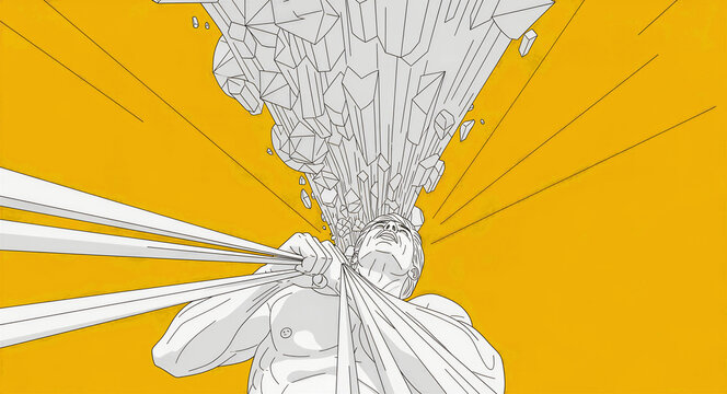 Man with head exploding into shards while pulling ropes. Surreal line art showing mental pressure on yellow background. Mental health and stress relief concept for wellness marketing.