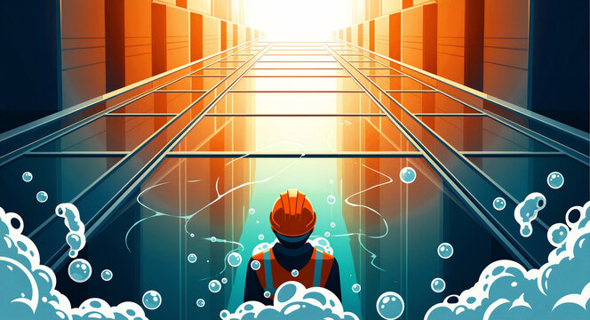 Industrial worker in safety gear looking up at a glass ceiling with cleaning foam. Professional maintenance staff performing facility inspection. Cleaning service and sanitation concept.
