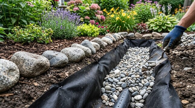 Trench with perforated pipe in gravel, landscape fabric, yard grading slope and decorative river rock for french drain installation. French Drain / Drainage / Landscaping Installation