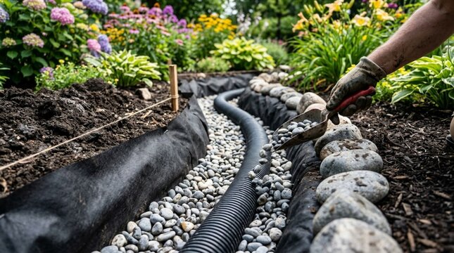 Trench with perforated pipe in gravel, landscape fabric, yard grading slope and decorative river rock for french drain installation. French Drain / Drainage / Landscaping Installation