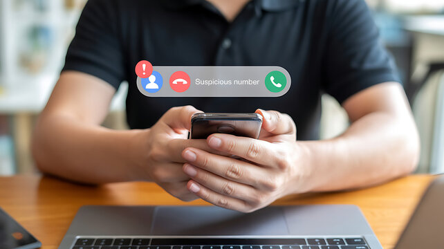 A person holding smartphone with a "suspicious number" call warning on screen, symbolizing phone spam, scam calls, or unwanted telemarketing, highlighting digital security.
