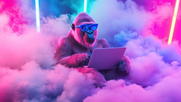Gorilla Wearing Sunglasses Using Laptop in Neon Smoke.