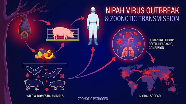 Illustration of Nipah virus outbreak representing zoonotic pathogen transmission from infected wildlife or domestic livestock to human populations, depicting epidemic disease risk and contagion.