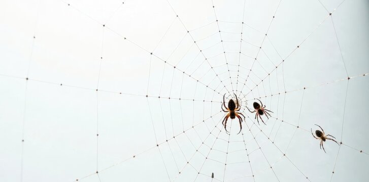 close-up of a giant spider web with individual spiders caught in the sticky strands on a white background, macabre beauty, web architecture
