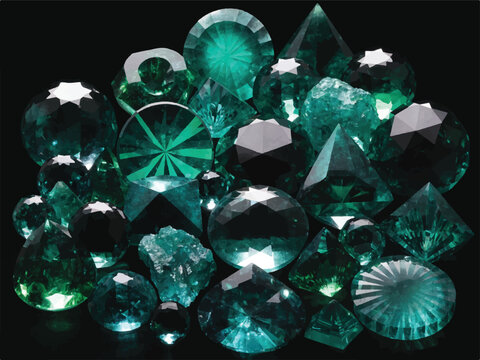 Collection of green precious stones and gems of various shapes and sizes on black background  green gemstones and jewels