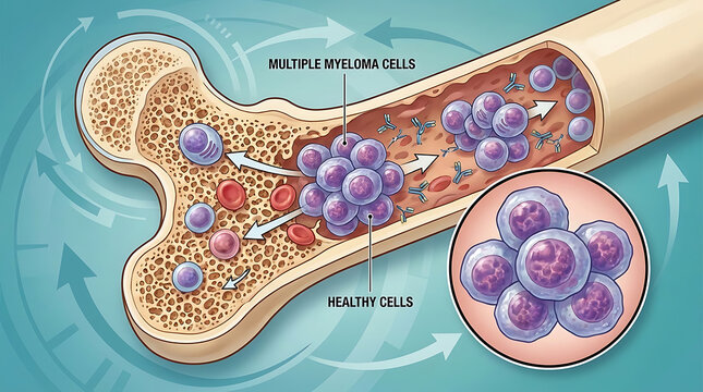 Scientific Illustration of Multiple Myeloma Concept showing Plasma Cell Cancer and Malignant Tumor Growth inside Human Bone Marrow Tissue for Medical Education and Oncology Research