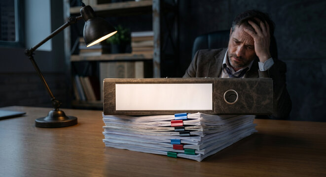Overworked stressed businessman sitting at desk looking at a massive stack of paperwork and documents late at night.