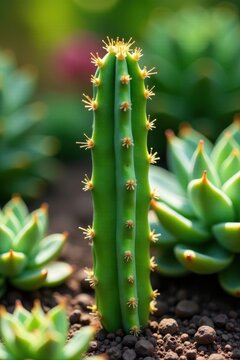 Close-up of a single green cactus plant with unique shapes and textures standing upright in the garden soil amidst other succulent plants, cactus, flowerless