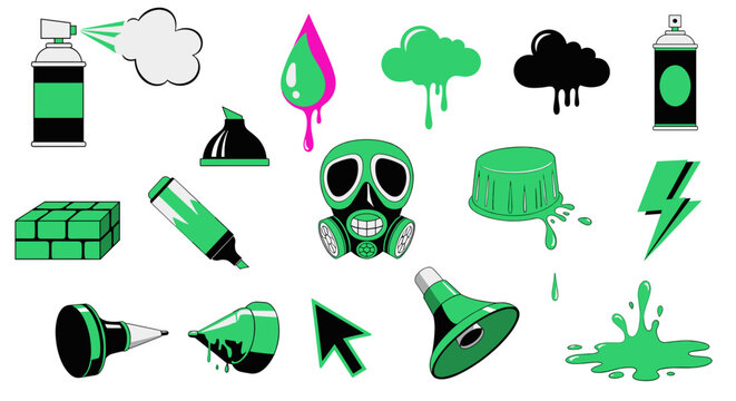 A series of vibrant green graffiti and street art themed vector icons featuring spray cans and gas masks displayed on a clean white background with a bold modern aesthetic design.