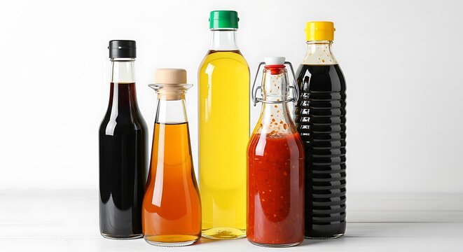 Four bottles of different colored liquids on a white surface