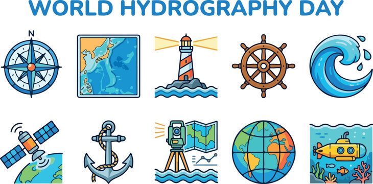 World Hydrography Day vector icon set for maritime exploration and navigation