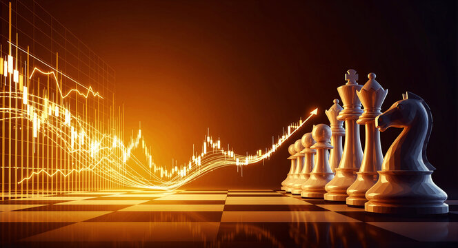Chess pieces on a board with a rising glowing financial chart. King and knight symbolize strategic planning with a bullish trend. Business growth and investment success concept for market marketing.