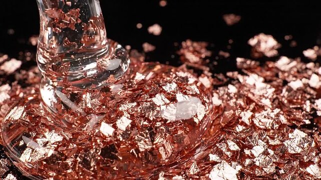 Transparent viscous liquid pouring onto rose gold copper foil flakes, macro close-up of artistic resin craft process
