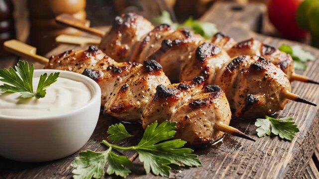 Close-up of grilled chicken breast skewers with visible char marks served on a rustic dark wooden board with a side bowl of creamy white garlic sauce and fresh green parsley garnish.