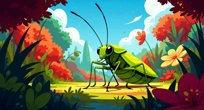 Cute green grasshopper character standing in a vibrant flower garden. The stylized insect is surrounded by colorful bushes and a bright blue sky. Cheerful nature illustration for children's media.