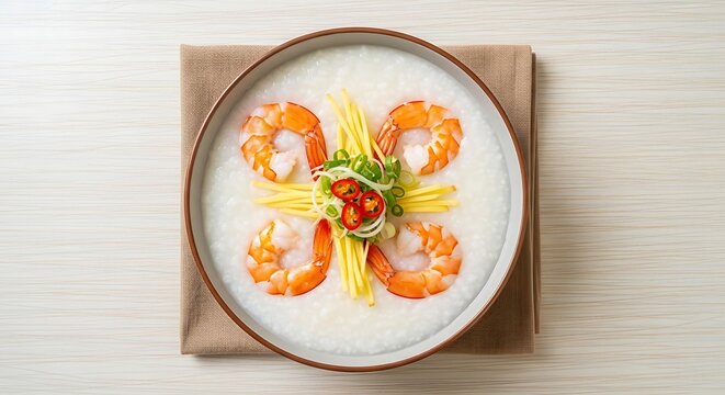 Shrimp soup with noodles and herbs in bowl on table