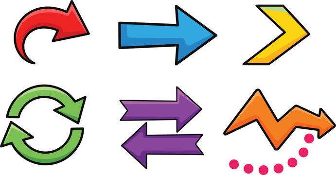 Colorful Arrow Vector Set Featuring Curved, Straight, Forward, Circular, Double, and Zig-Zag Arrows for Navigation, Direction, and Workflow Designs