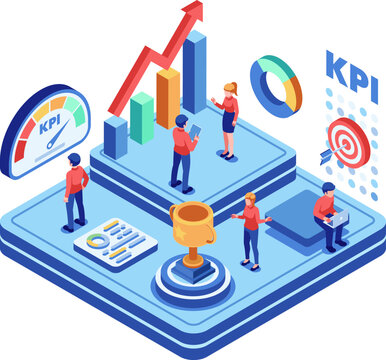 Isometric Business Team Analyzing KPI Dashboard and Performance
