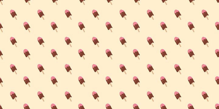 Cheerful seamless pattern with chocolate ice cream popsicles arranged in alternate diagonal directions on a pastel yellow background. Perfect for kids fabric design.