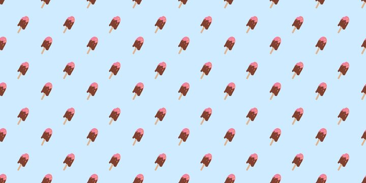 Cute seamless pattern of chocolate ice cream popsicles with pink frosting on a soft pastel blue background. Ideal for summer backdrops, children fabric print, and scrapbooking paper.