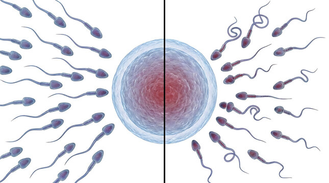 Detailed microscopic visualization of human spermatozoa swimming toward an ovum illustrating male fertility reproduction and urology science showing healthy and abnormal sperm cells for pregnancy.