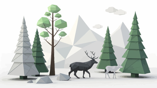 Low poly 3d illustration of deer and trees in a mountainous landscape with a white background