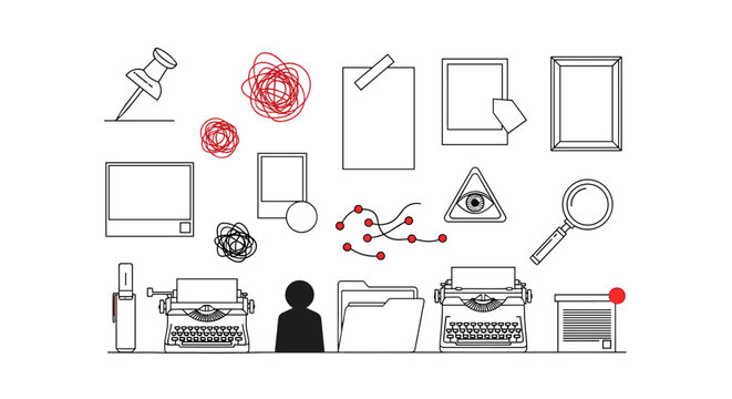 A collection of black line art office icons including typewriters, folders, magnifying glasses, and documents arranged on a clean white background with subtle red accents.