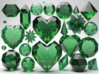 Collection of various green precious gemstones on white background  emeralds and jade stones © Md